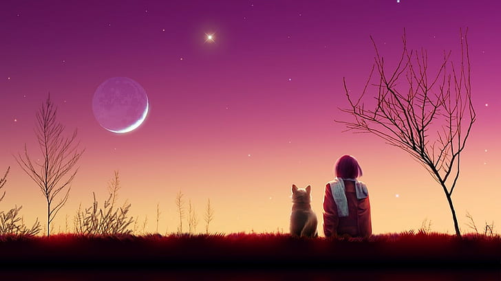 Кагая луна, аниме, девушка, кошка, закат, природа, HD обои
