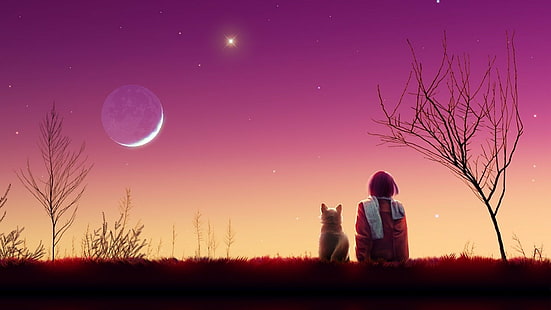 Kagaya moon, Anime, Girl, Cat, Sunset, Nature, HD wallpaper HD wallpaper