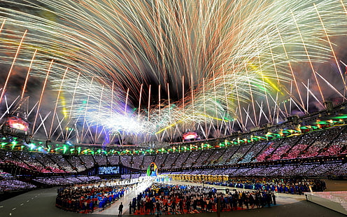 Спорт, Олимпийские игры, фейерверк, Лондон, Олимпийские игры, стадион, HD обои HD wallpaper