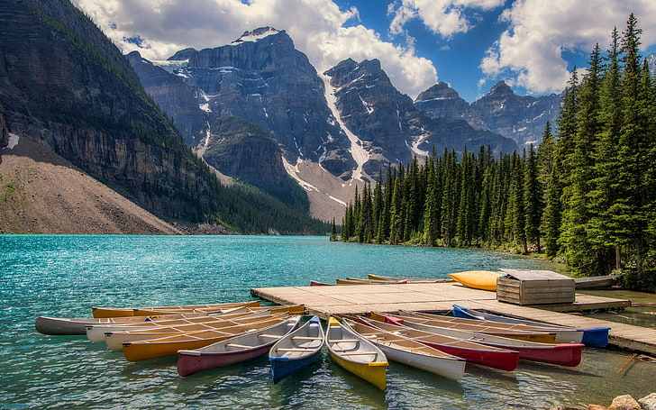 Kajaks In Lake Moraine Banff Kanada Landschaftsfotografie Ultra HD Wallpaper und Laptop 3840 × 2400, HD-Hintergrundbild