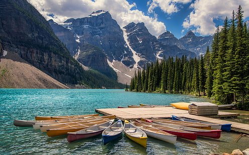 Kayaks en el lago Moraine Banff Canadá Fotografía de paisaje Ultra HD Fondos de pantalla y portátil 3840 × 2400, Fondo de pantalla HD HD wallpaper