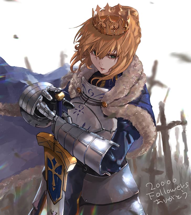 Fate Series, FGO, Fate/Stay Night, Fate/Zero, sword, women with swords, female warrior, long hair, blond hair, anime girls, Artoria Pendragon, Saber, braided hair, french braid, king, crown, Excalibur, 2D, hair in face, hair blowing in the wind, anime, fan art, bangs, green eyes, armored woman, blue dress, fur coats, cloaks, open mouth, parted lips, Pixiv, looking away, hair over one eye, HD wallpaper