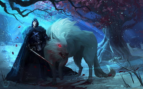man standing beside white fox illustration, Game of Thrones, Jon Snow, ghost, wolf, direwolves, Direwolf, artwork, fantasy art, concept art, sword, A Song of Ice and Fire, HD wallpaper HD wallpaper