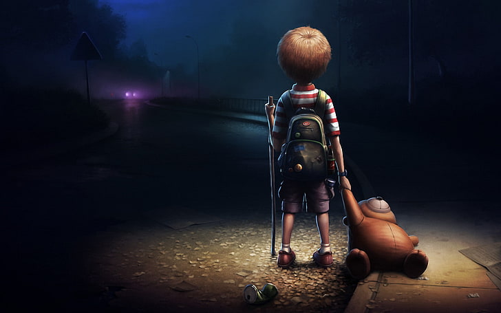 Boy wearing backpack holding brown bear plush toy standing on street during  night digital wallpaper, HD wallpaper | Wallpaperbetter