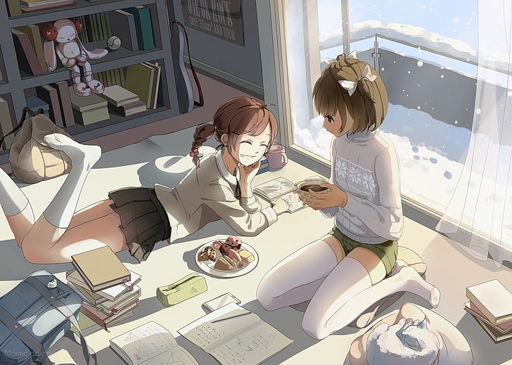 anime girls, food, snow, school uniform, HD wallpaper