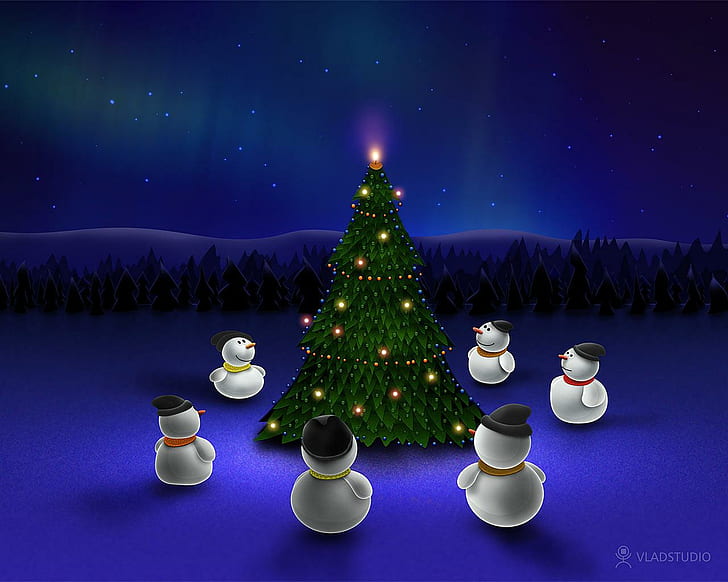 new year, christmas, snowmen, stars, night, fur-tree, new year, christmas, snowmen, stars, night, fur-tree, HD wallpaper