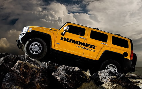 yellow Hummer H2 SUV, hummer, h3, auto, yellow, left side, HD wallpaper HD wallpaper
