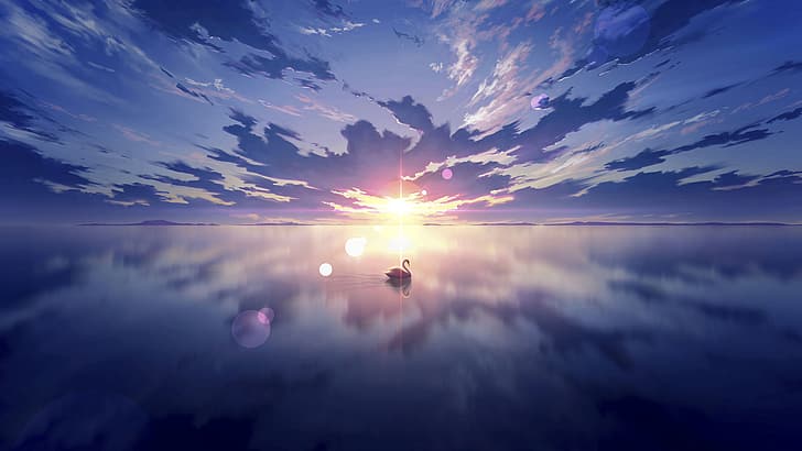 water, clouds, sunset, swan, HD wallpaper