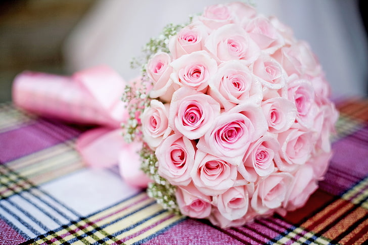 bouquet of pink roses, pink, bouquet, roses, wedding, HD wallpaper