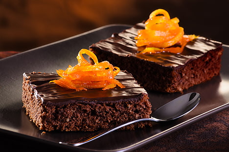 two chocolate cakes, orange, food, chocolate, dessert, cakes, sweet, HD wallpaper HD wallpaper