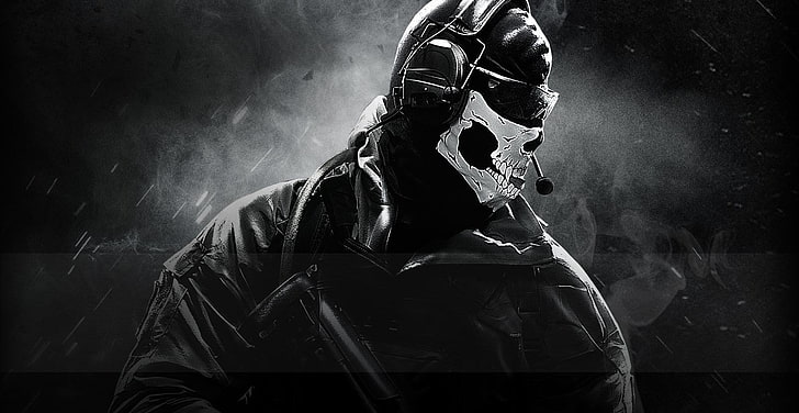 خلفية رقمية Call of Duty Ghosts ، شخص يرتدي ورق حائط رسومي نصف قناع جمجمة بيضاء ، Call of Duty ، أسود ، أبيض ، ألعاب فيديو ، Call of Duty: Ghosts ، أحادية اللون، خلفية HD