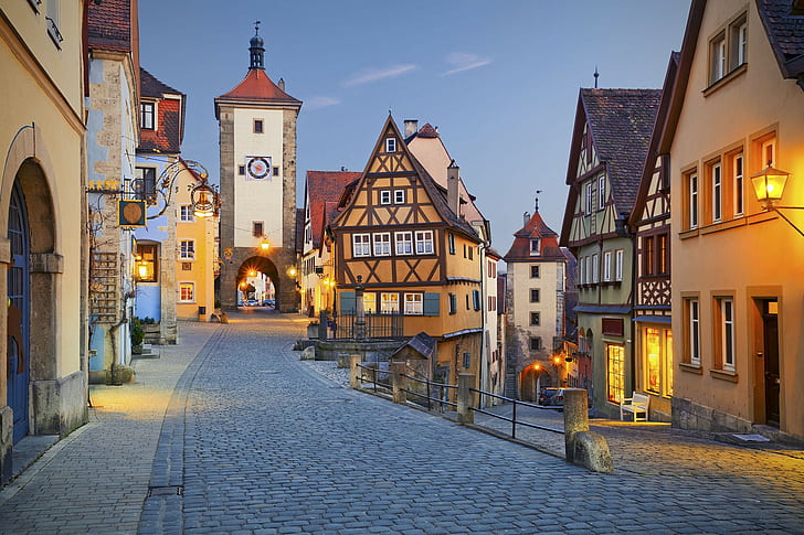 Rothenburg, Jerman, bangunan beton berwarna coklat dan abu-abu, Rothenburg, Jerman, Lampu Malam, rumah, jalan, lengkungan, menara, kayu, Wallpaper HD