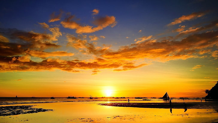 Sonnenuntergang digitale Tapete, Strand, Himmel, Wolken, Meer, Sonnenlicht, HD-Hintergrundbild
