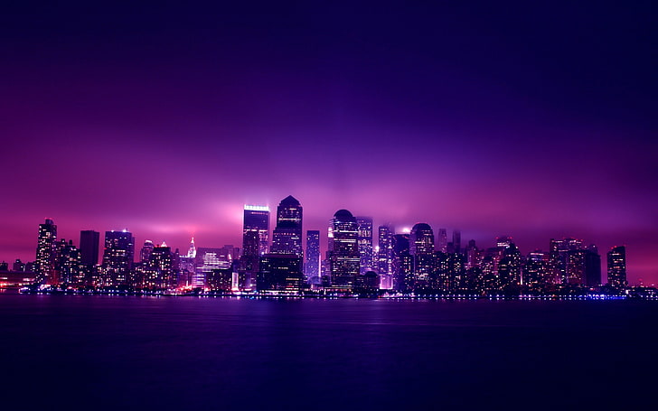 海の都市景観都市夜ライト建築紫の建物2560x1600自然海HDアート、海、都市景観、 HDデスクトップの壁紙