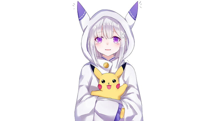 emiria rezero kembali nol kara hajimeru isekai seikatsu pokmon pikachu latar belakang putih anime anime gadis emilia re nol, Wallpaper HD