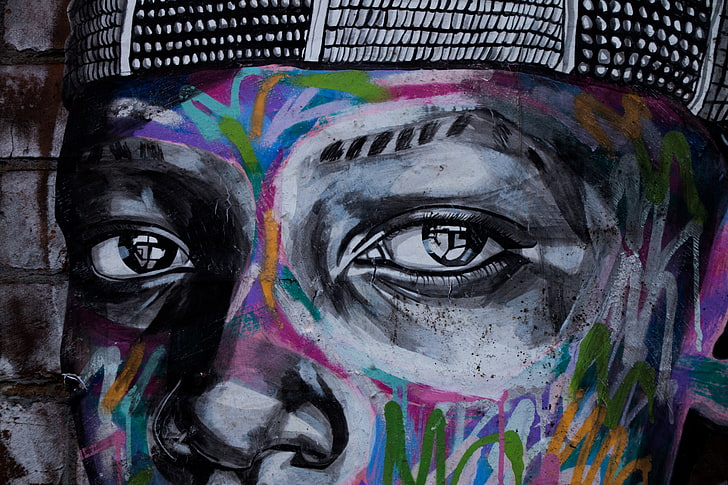 man graffiti, graffiti, eyes, art, street art, HD wallpaper