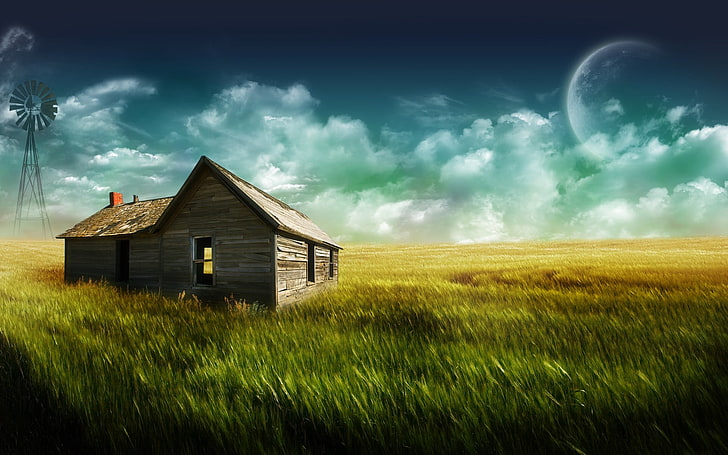 casa de madeira marrom no meio de prados verdes durante o dia, moinho de vento, grama, barraco, arte digital, HD papel de parede