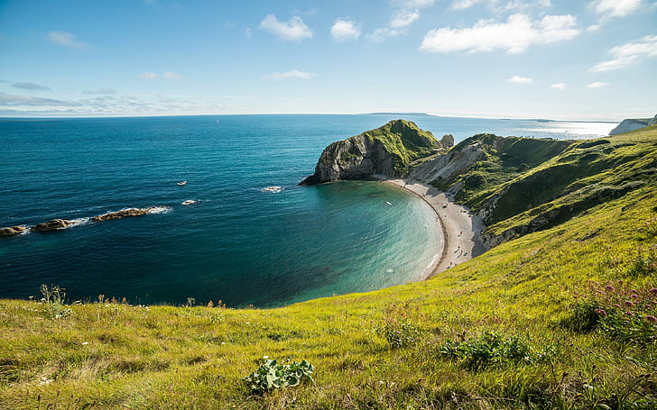 плаж, Durdle Door, Англия, трева, пейзаж, природа, фотография, скали, море, HD тапет