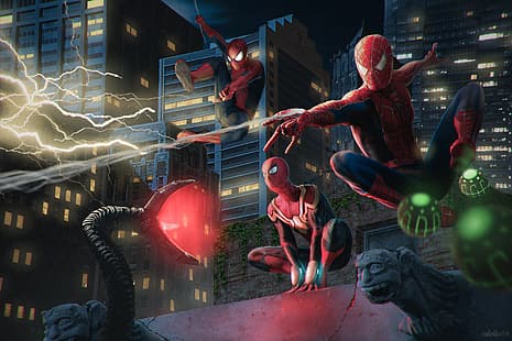  spiderman No Way Home, Marvel Cinematic Universe, Sony, Tom Holland, Tobey Maguire, Andrew Garfield, Green Goblin, Doctor octopus, Electro(character), HD wallpaper HD wallpaper