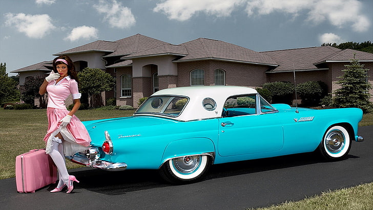 teal and white convertible coupe, Oldtimer, car, pinup models, HD wallpaper