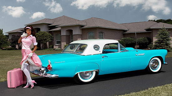 teal and white convertible coupe, Oldtimer, car, pinup models, HD wallpaper HD wallpaper