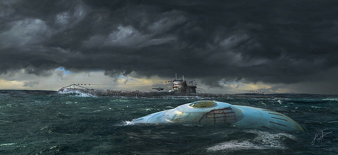 произведение искусства, НЛО, подводная лодка, HD обои HD wallpaper