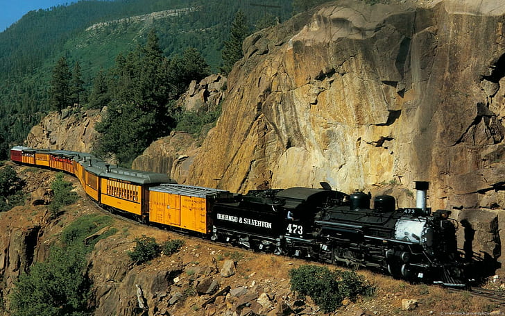 Train On A Mountain, trees, mountain, hills, track, train, nature, steam train, animals, HD wallpaper