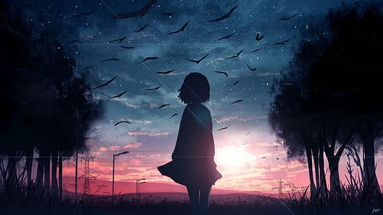 gagak, matahari terbenam, Alone in the Dark, sendirian, Kid (Karakter), horor, anime horor, Wallpaper HD HD wallpaper