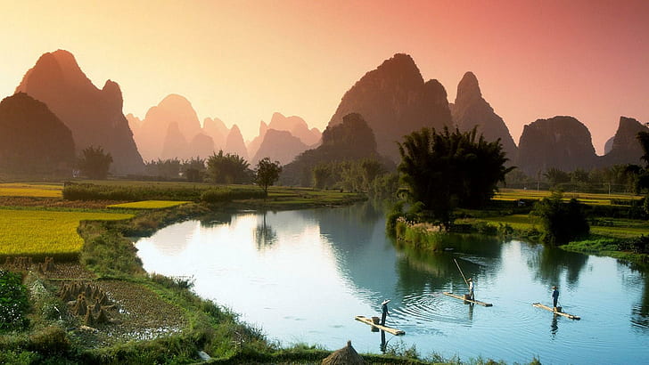 Pêche sur la rivière Li En Chine, champs, rivière, pêche, montagnes, nature et paysages, Fond d'écran HD