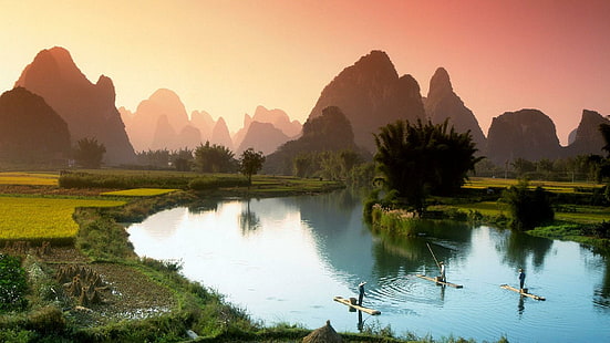 Pêche sur la rivière Li En Chine, champs, rivière, pêche, montagnes, nature et paysages, Fond d'écran HD HD wallpaper