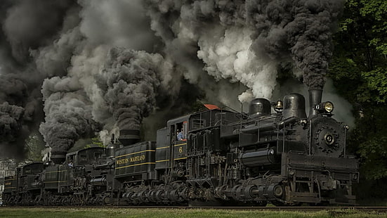 steam locomotive, locomotive, steam, smoke, train, transport, railway, track, rail transport, vehicle, nostalgia, powerful, steam engine, dark, cloud, pollution, HD wallpaper HD wallpaper