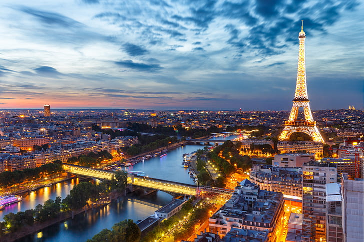 都市、パリ、建物、都市、都市の景観、エッフェル塔、フランス、地平線、光、夜、川、空、 HDデスクトップの壁紙