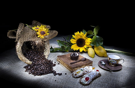 cake, Flowers, cup, beans, coffee, cream, dessert, bag, sunflowers, cannoli, HD wallpaper HD wallpaper