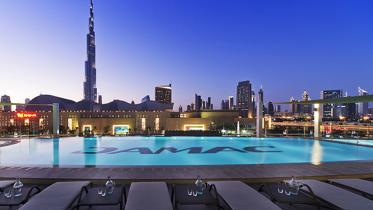 above ground swimming pool near lounge chairs, DAMAC Maison Hotel, Dubai, Best hotels, tourism, travel, resort, booking, vacation, pool, HD wallpaper