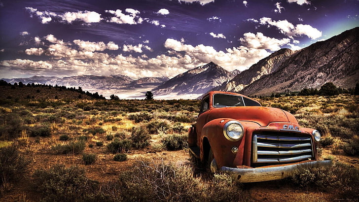 landscape, old car, vintage, retro, oldtimer, HD wallpaper