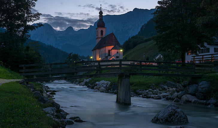 montañas, puente, río, Alemania, Baviera, Iglesia, Baviera, Ramsau, Iglesia de San Sebastián, Fondo de pantalla HD