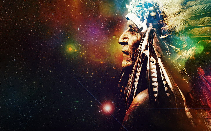 Native American Chief tapeta, przestrzeń, gwiazdy, tło, wszechświat, pióra, mistyk, Indianin, Tapety HD