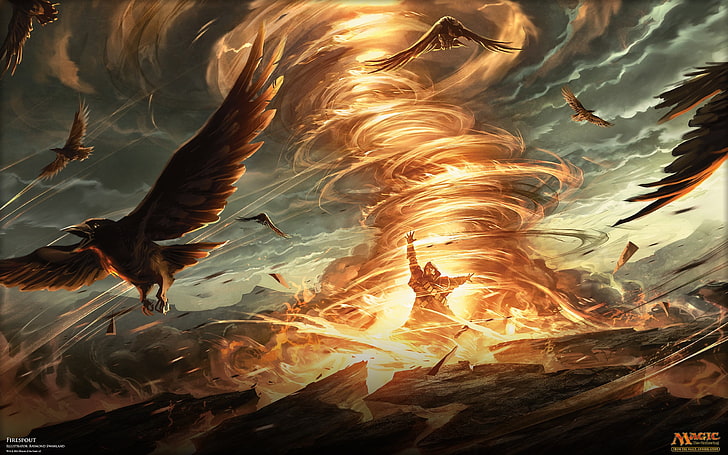 илюстрация на огън торанадо, Magic: The Gathering, магия, огън, птици, торнадо, магьосник, HD тапет