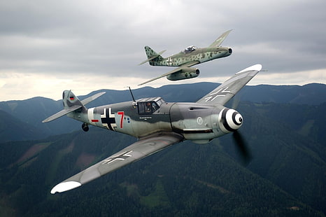灰色の飛行機、第二次世界大戦、軍用機、航空機、メッサーシュミット、Bf109、Me262、メッサーシュミット、軍、車両、 HDデスクトップの壁紙 HD wallpaper