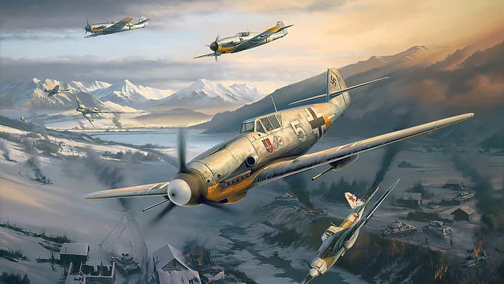 Ил-2, ВВС, Dogfight, Luftwaffe, Messerschmitt Bf.109, однодвигательный поршневой истребитель-малой мощности, Битва за Кавказ, HD обои