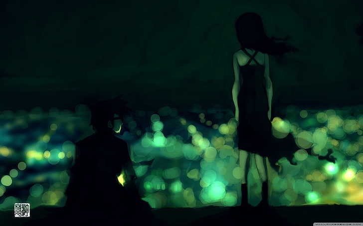 woman standing beside man sitting on road illustration, anime, HD wallpaper