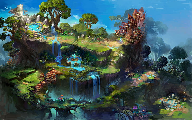 Fantasiekunst, Brunnen, Wasserfall, HD-Hintergrundbild
