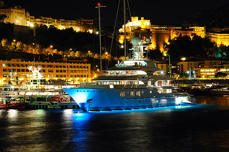 white cruise ship, city, yacht, port, Monaco, Hercules, yachts, Monte Carlo, evening., super yacht, mega yacht, port Hercule, white yacht, HD wallpaper HD wallpaper