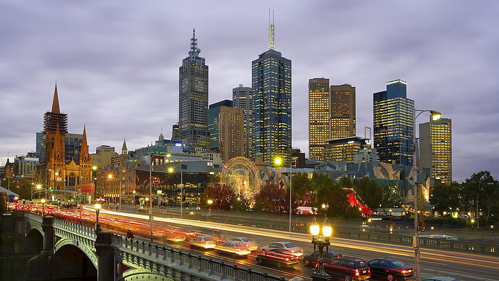 kendaraan hitam, kota, lanskap kota, arsitektur, pemaparan panjang, malam, Melbourne, Wallpaper HD