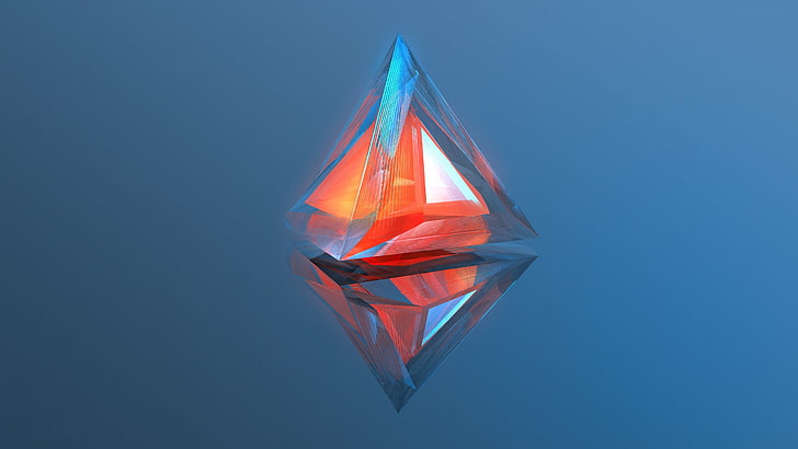 red and clear diamond ornament, digital art, abstract, minimalism, geometry, blue background, 3D, triangle, reflection, warm colors, MKBHD, blue, red, cyan, HD wallpaper