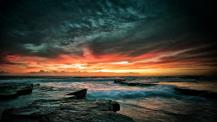 puesta de sol sobre el horizonte, naturaleza, playa, agua, mar, puesta de sol, olas, Fondo de pantalla HD