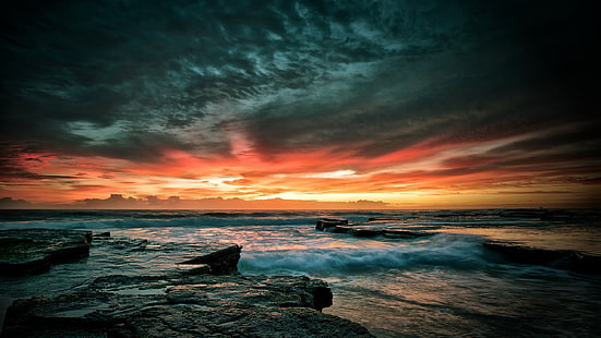 puesta de sol sobre el horizonte, naturaleza, playa, agua, mar, puesta de sol, olas, Fondo de pantalla HD HD wallpaper