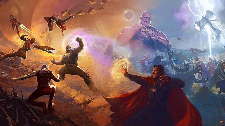 Os Vingadores, obra de arte, arte da fantasia, Thanos, Doutor Estranho, Homem de Ferro, Homem-Aranha, Senhor das Estrelas, Pantera Negra, Marvel Comics, Universo Cinematográfico da Marvel, HD papel de parede