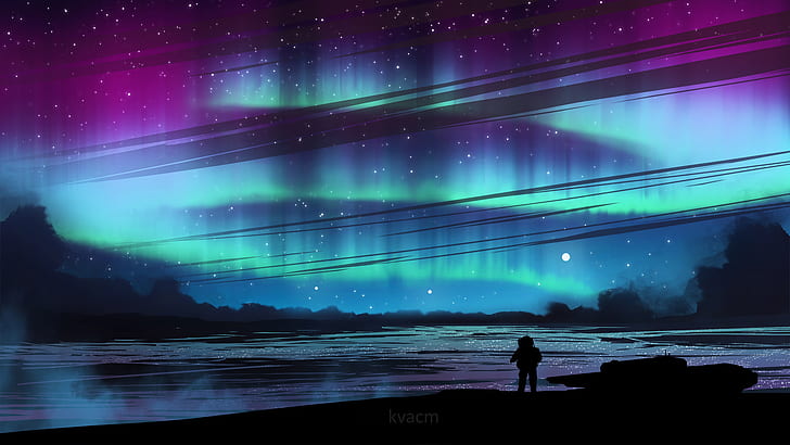 artwork, astronaut, landscape, aurorae, night, space, digital art, Kvacm, HD wallpaper
