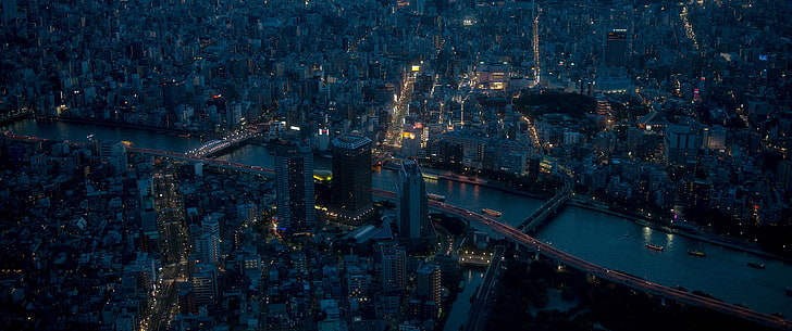 city buildings, Japan, Tokyo, city, traffic, river, street light, aerial view, HD wallpaper